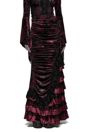 Wine red velvet gothic mermaid skirt worn by model, front full-body view showing tiered lace ruffled hem and ruched design