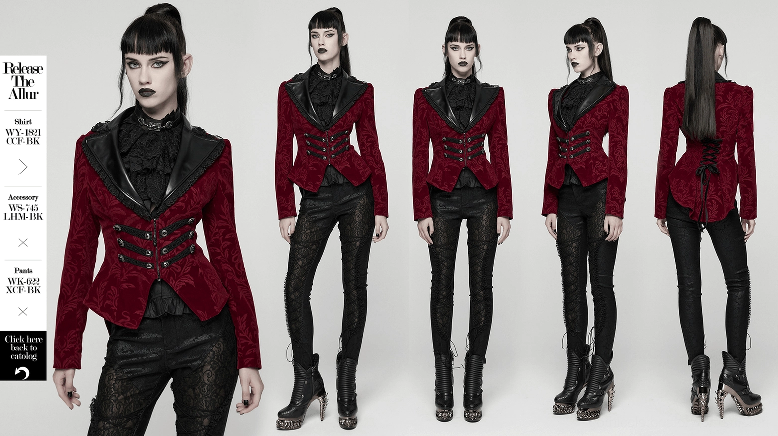 Full-length view of wine red velvet gothic tailcoat jacket on model in studio setting