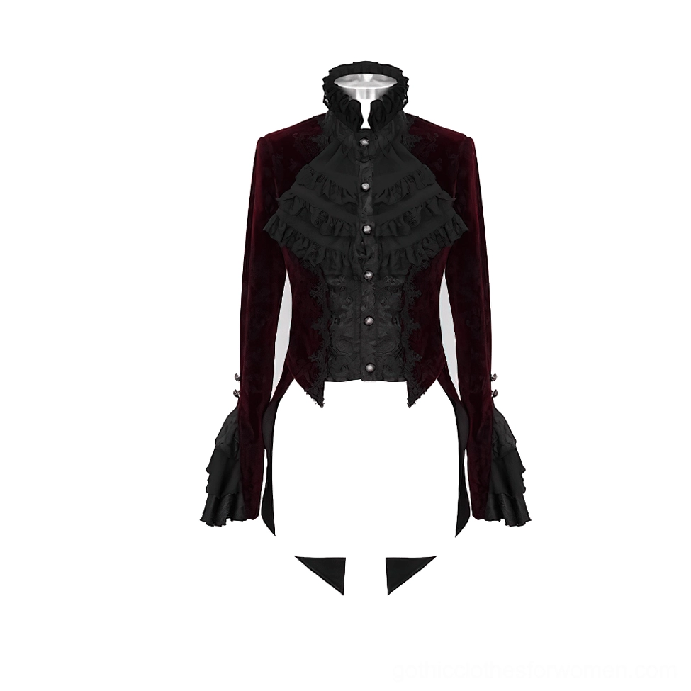 Wine red gothic velvet jacket front product shot with ruffled stand collar and layered flared lace cuffs detail