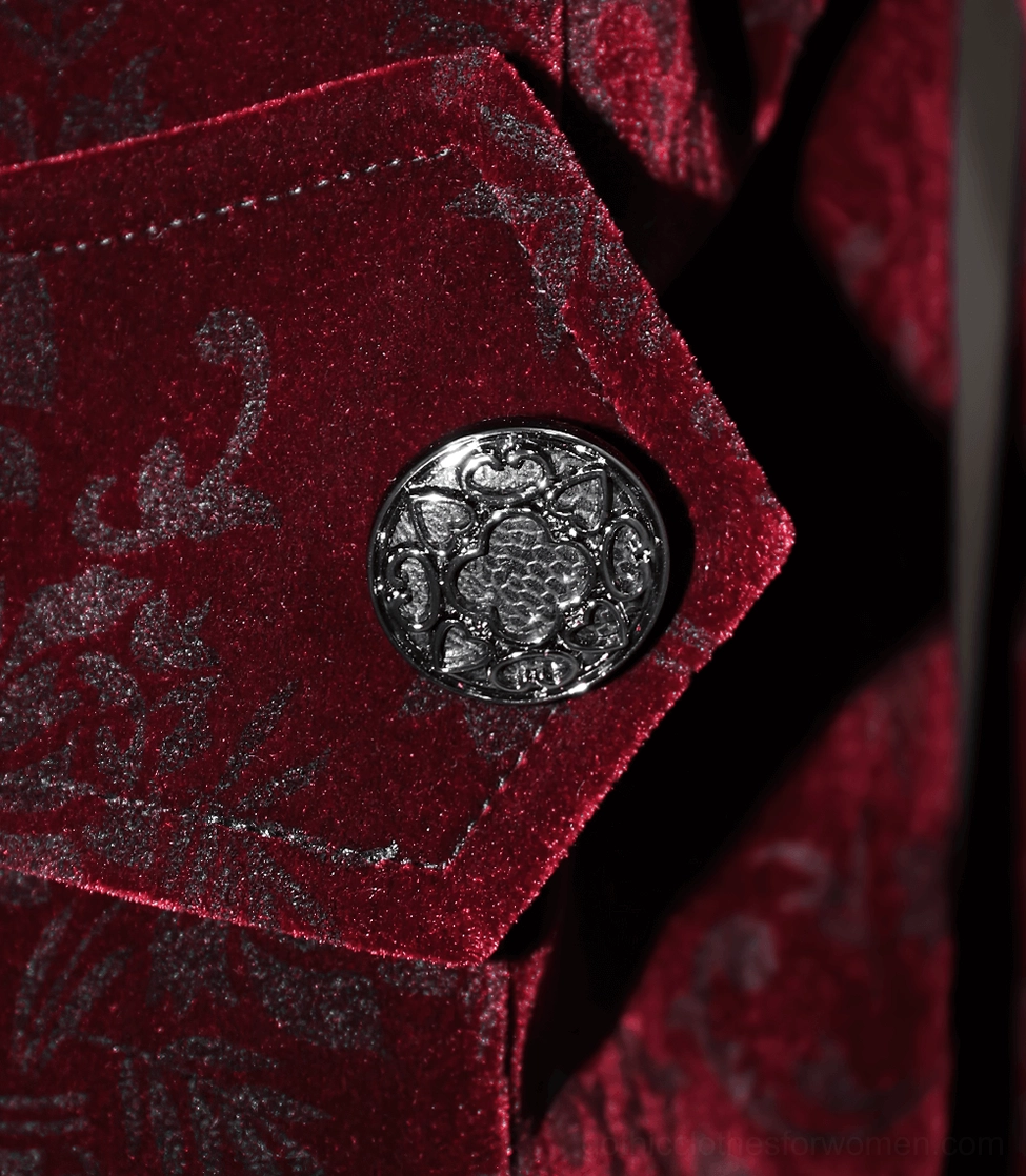 Full length back view of wine red gothic velvet tailcoat jacket displaying architectural split tail design