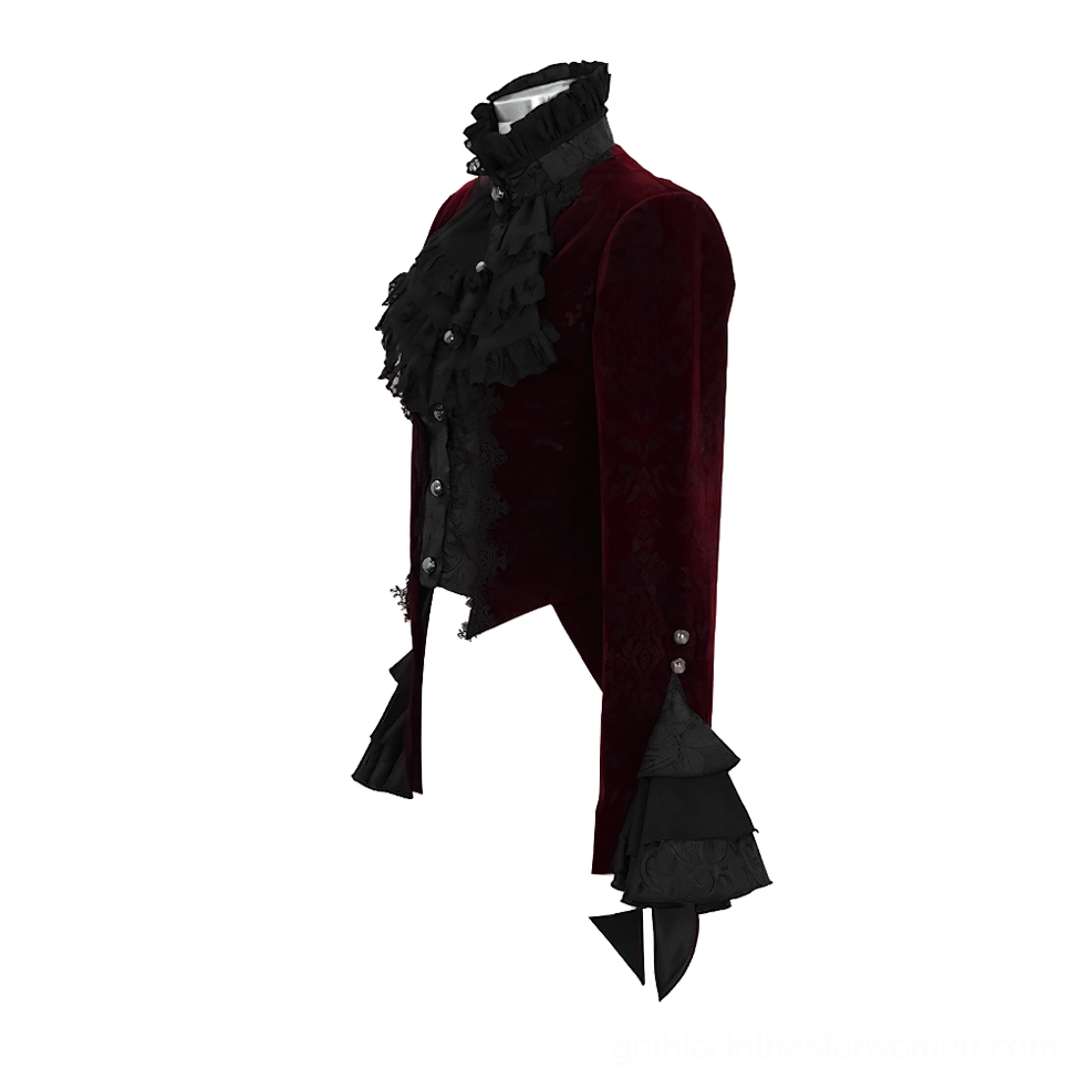 Side product view of wine red velvet gothic tailcoat showing buttoned front closure and dramatic split tail hem