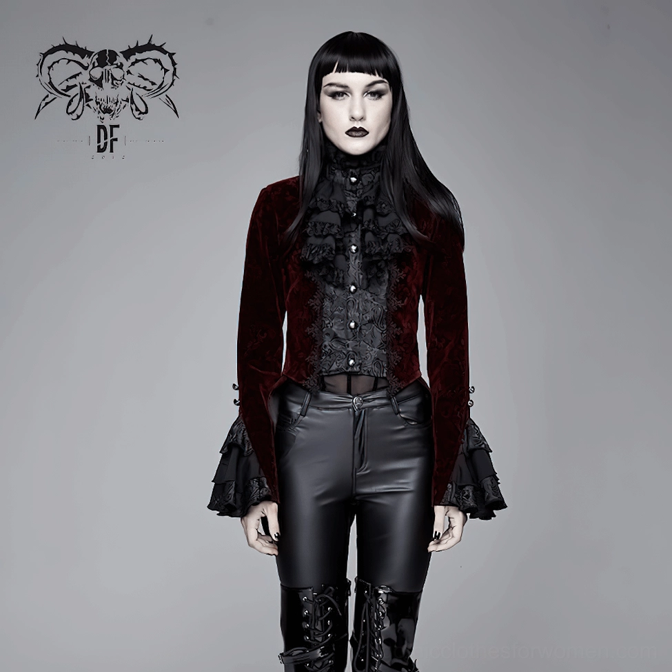 Right side profile of wine red gothic velvet tailcoat with split tail hem and flared lace cuff details paired with platform footwear