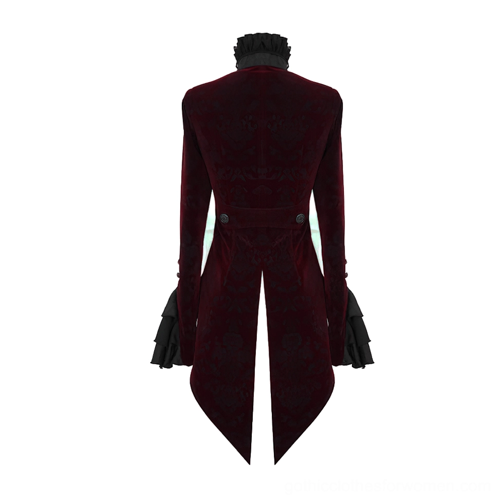 Gothic velvet jacket side profile on model wearing leather pants and platform boots, showing ruffled lace collar detail