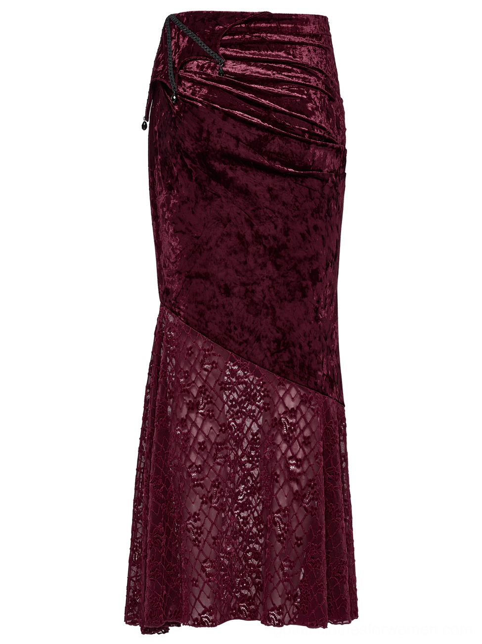 Front three-quarter studio shot of crushed velvet fishtail skirt showing upper velvet panel and lower lace section with side ruching