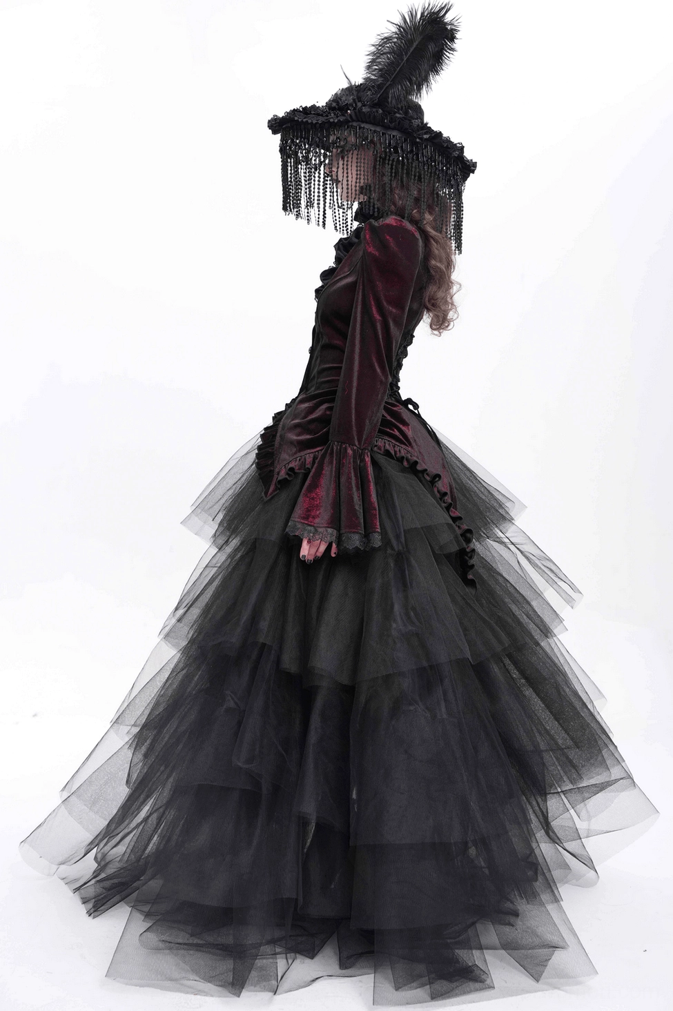 Wine red Victorian gothic blouse - complete view showing all design elements and fit