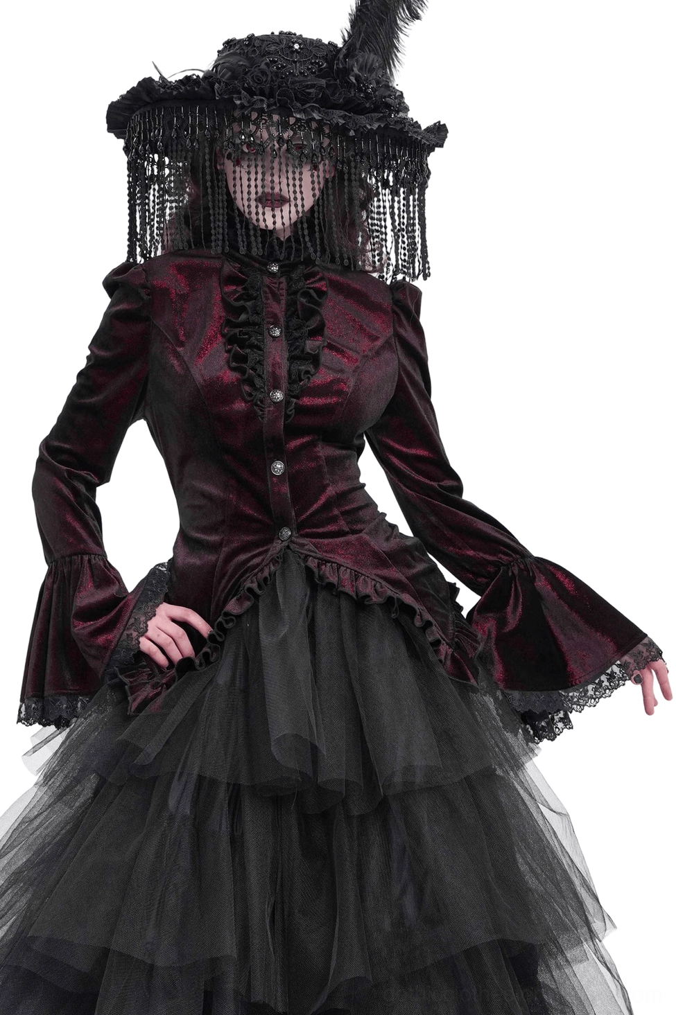 Wine red Victorian gothic velvet blouse with lace ruffled collar and bell sleeves - front full body view on model
