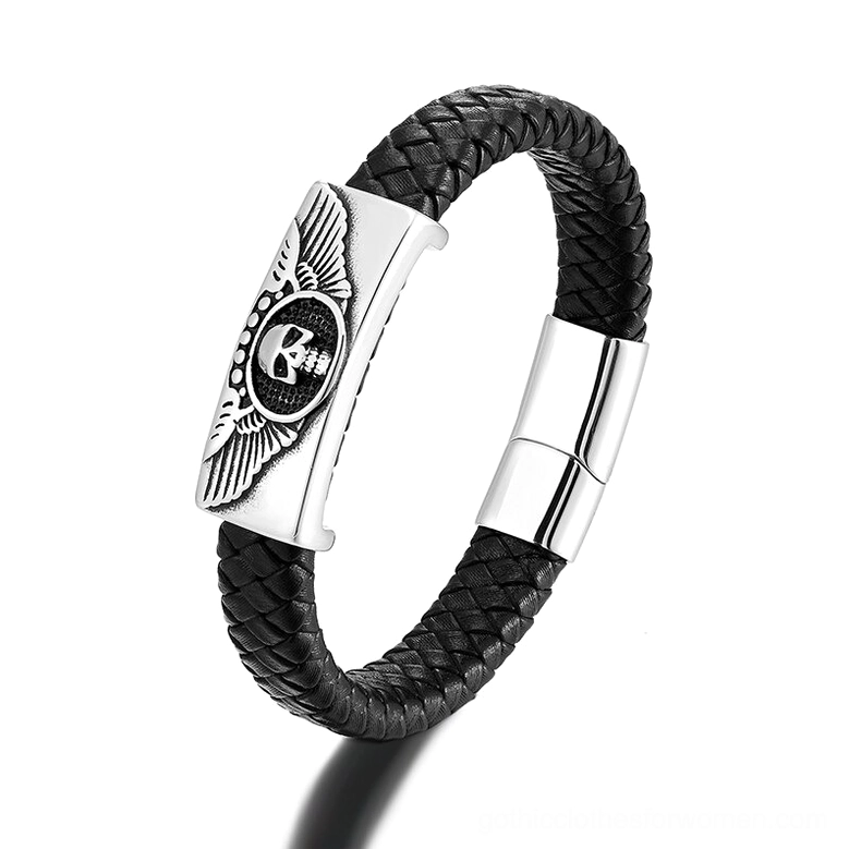 Gothic winged skull leather bracelet woven in black with silver winged charm and magnetic buckle - side profile view