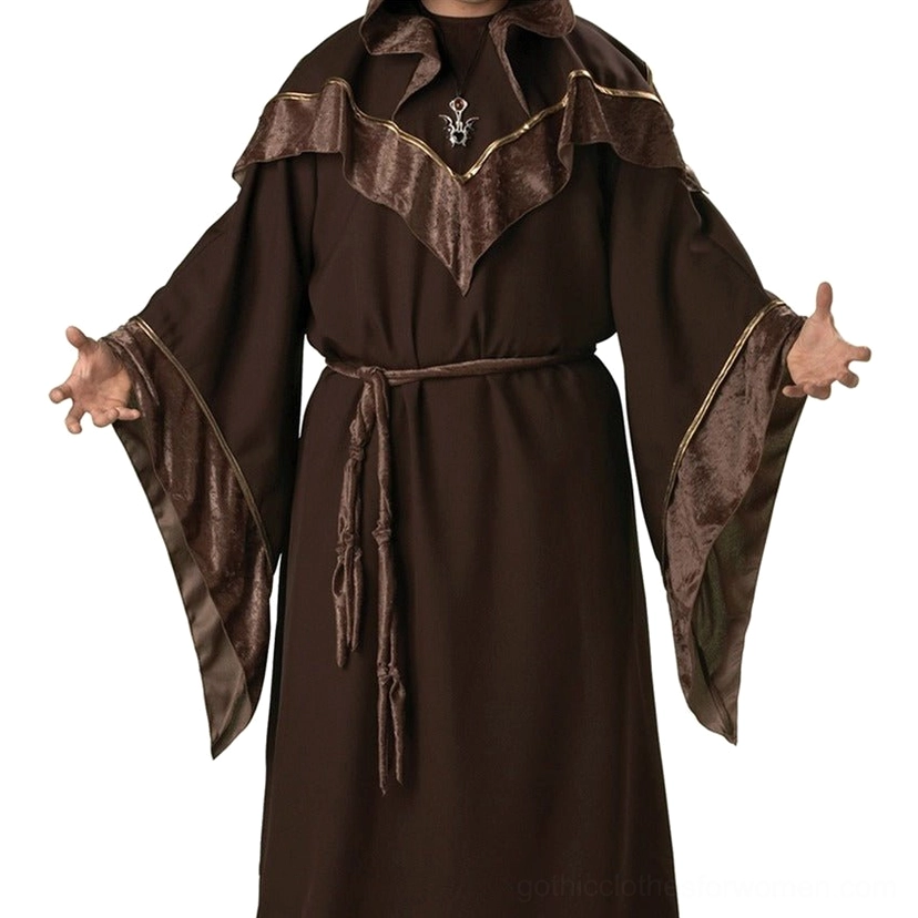 Dark wizard cosplay costume robe showing waist drawstring and emblem detail, gothic sorcerer mage uniform cropped front view