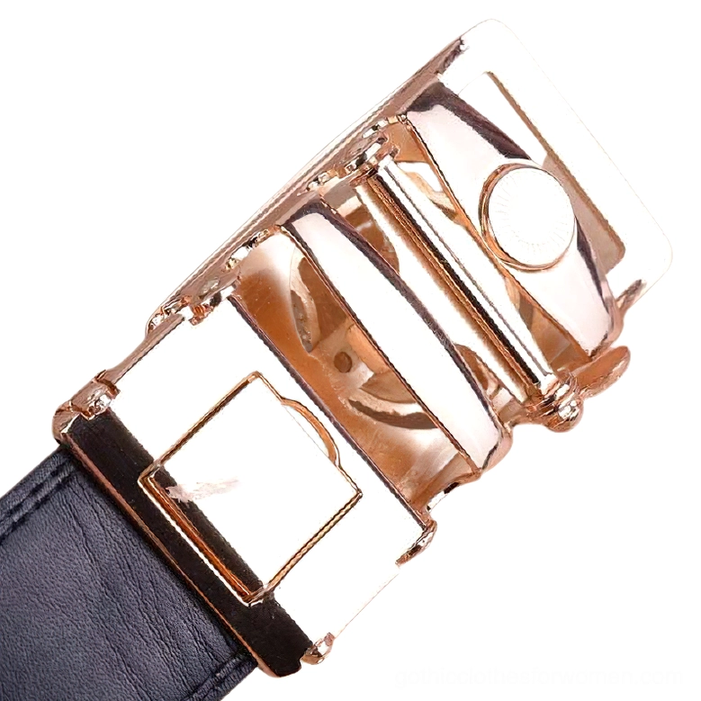 Rear view of automatic wolf head belt buckle mechanism and black leather inner texture