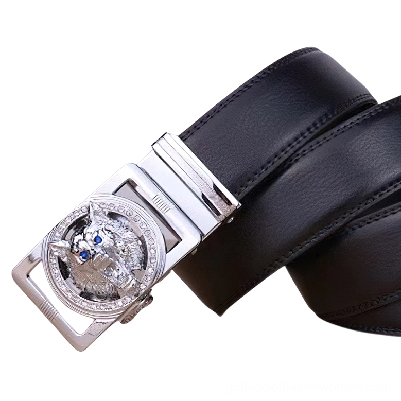 Gothic wolf head leather belt side view showing silver buckle mechanism and coiled black leather strap