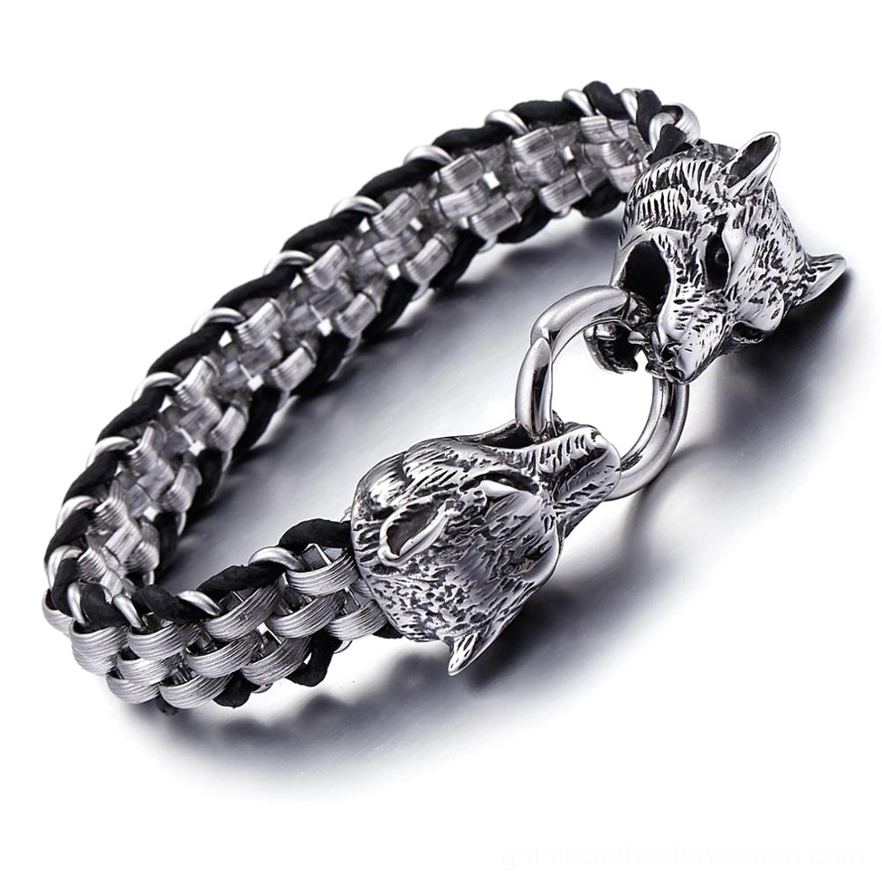 Gothic wolf head bracelet 3/4 angle view highlighting silver-black color scheme and carved wolf head details