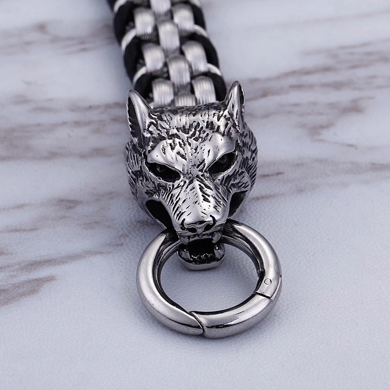 Wolf head leather bracelet product detail shot showing premium stainless steel and cowhide material quality