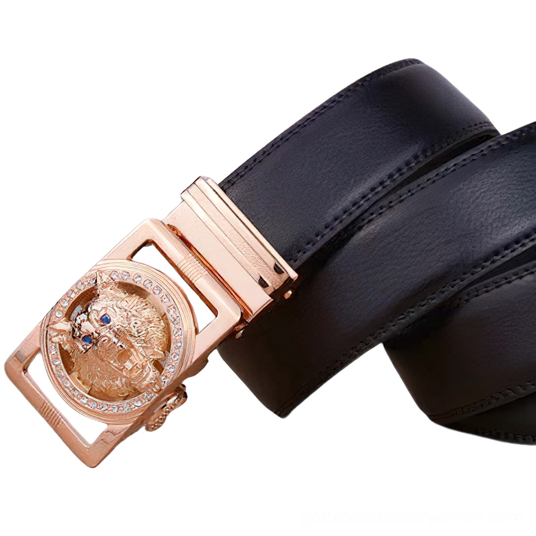 Stitched edge detail of gold-plated wolf head gothic belt showing craftsmanship on black leather