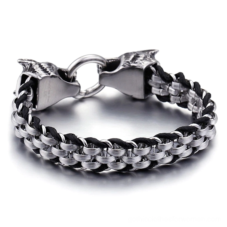 Wolf head leather bracelet side view showing intricate dual wolf head lock mechanism and mixed metal-leather chain construction