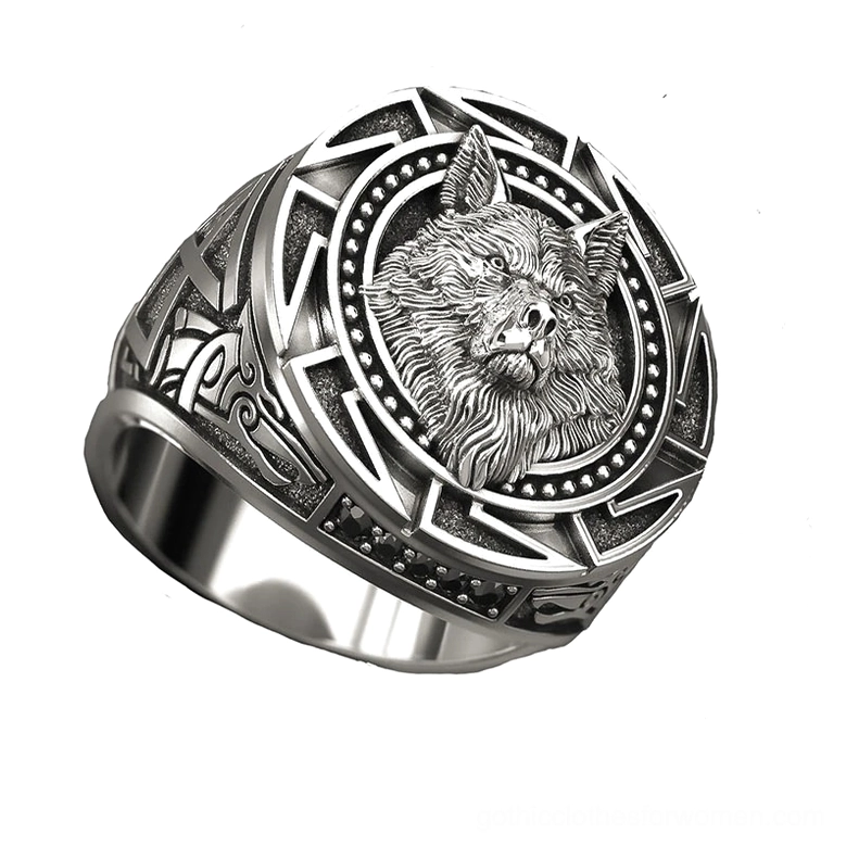 Wolf head ring side front angle vintage silver tone detailed embossed wolf with side engravings gothic jewelry