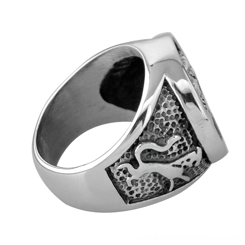 Stainless steel gothic wolf ring interior side view polished metal band detail