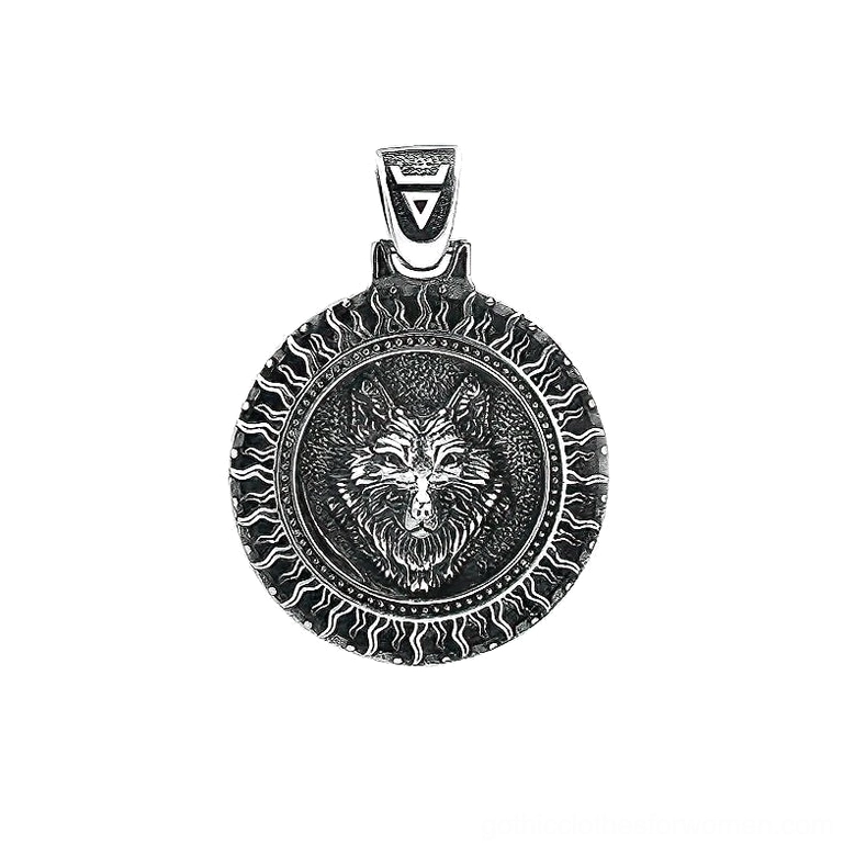 Black sun wolf head amulet round pendant frontal flat lay gothic necklace antique silver