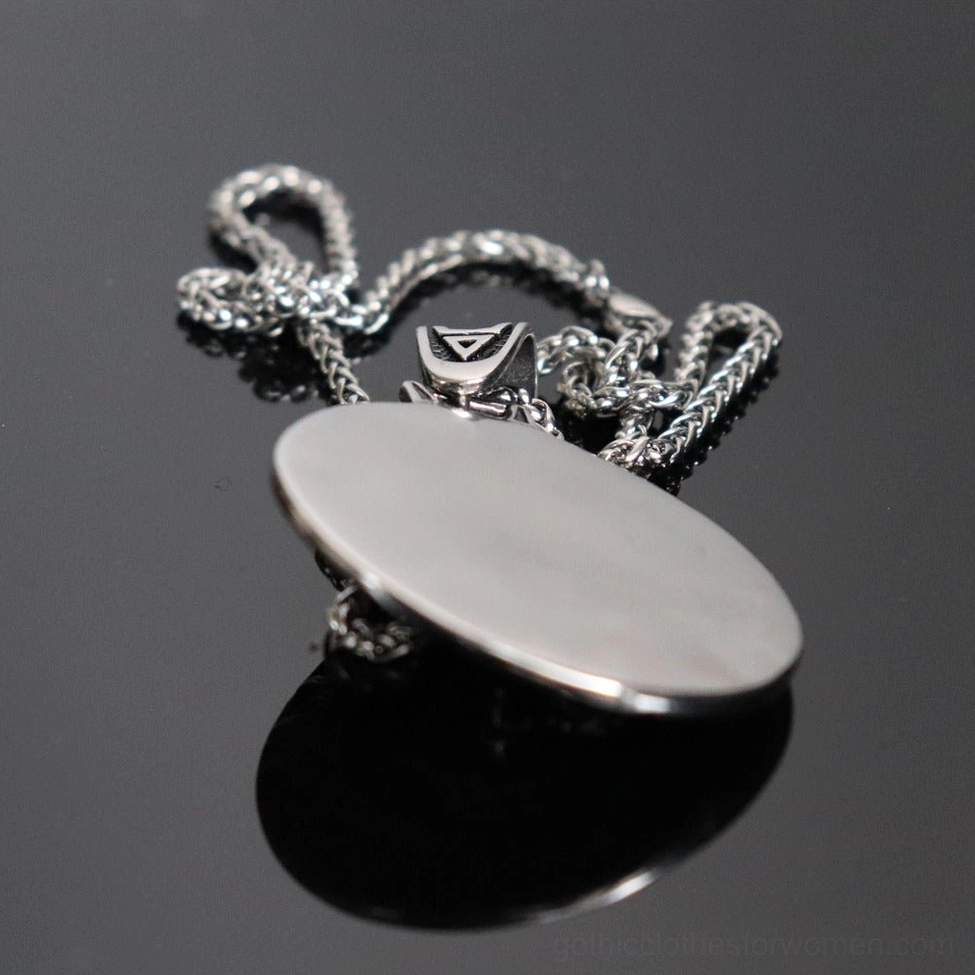 Back view smooth flat wolf sun pendant stainless steel chain gothic necklace rear