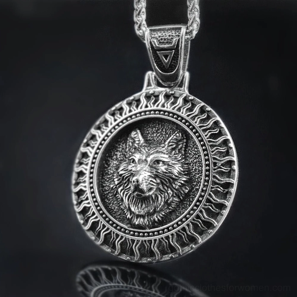 Close-up high-relief wolf carving black sun pendant stainless steel gothic necklace detail