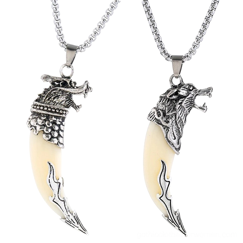 Wolf tooth gothic pendant - dual style comparison front view showing wolf head and dragon head designs with antique silver finish