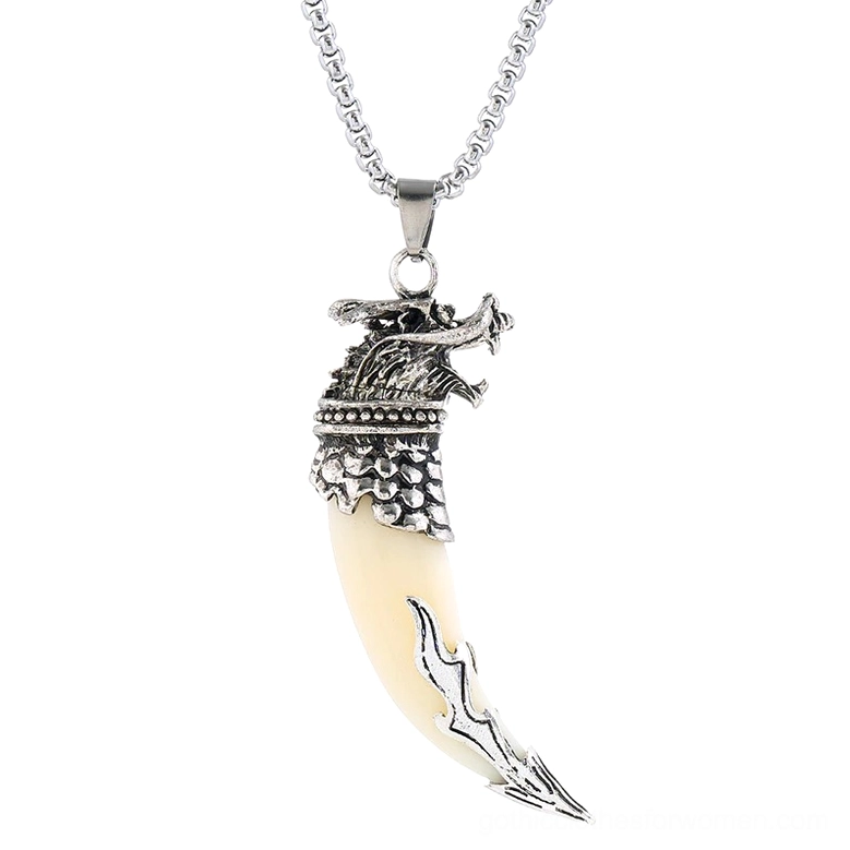 Wolf tooth gothic necklace with roaring wolf head ornament - antique silver fang pendant top angle detail