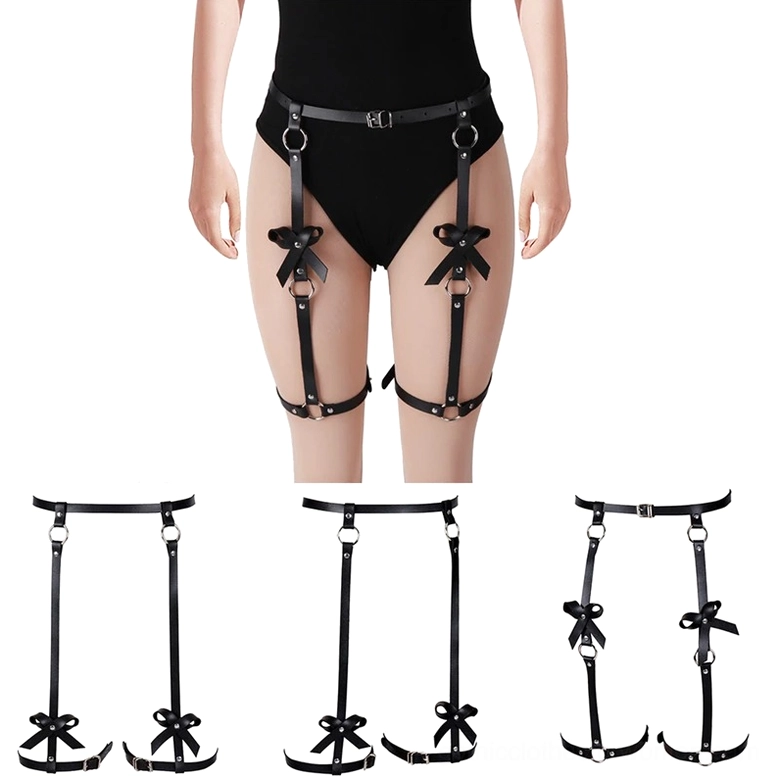 Women's full-body thigh harness display on mannequin in bodysuit, showing complete waist belt and leg straps with bow accents for Halloween and rave outfits
