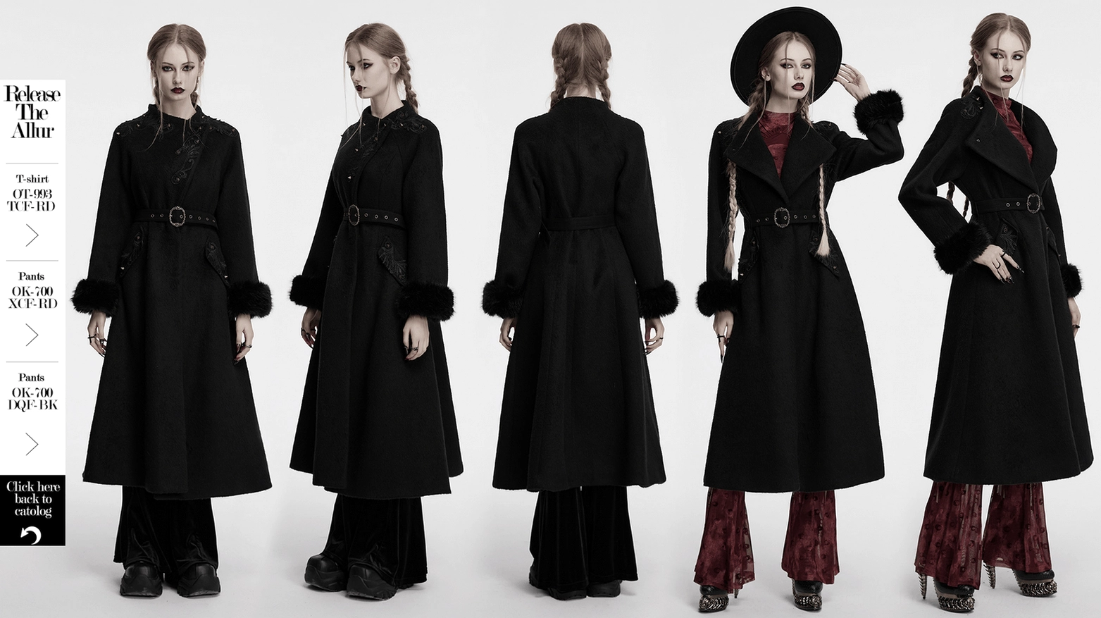 Black gothic coat for women featuring dramatic A-line hem, vintage belt, and romantic dark fashion elements
