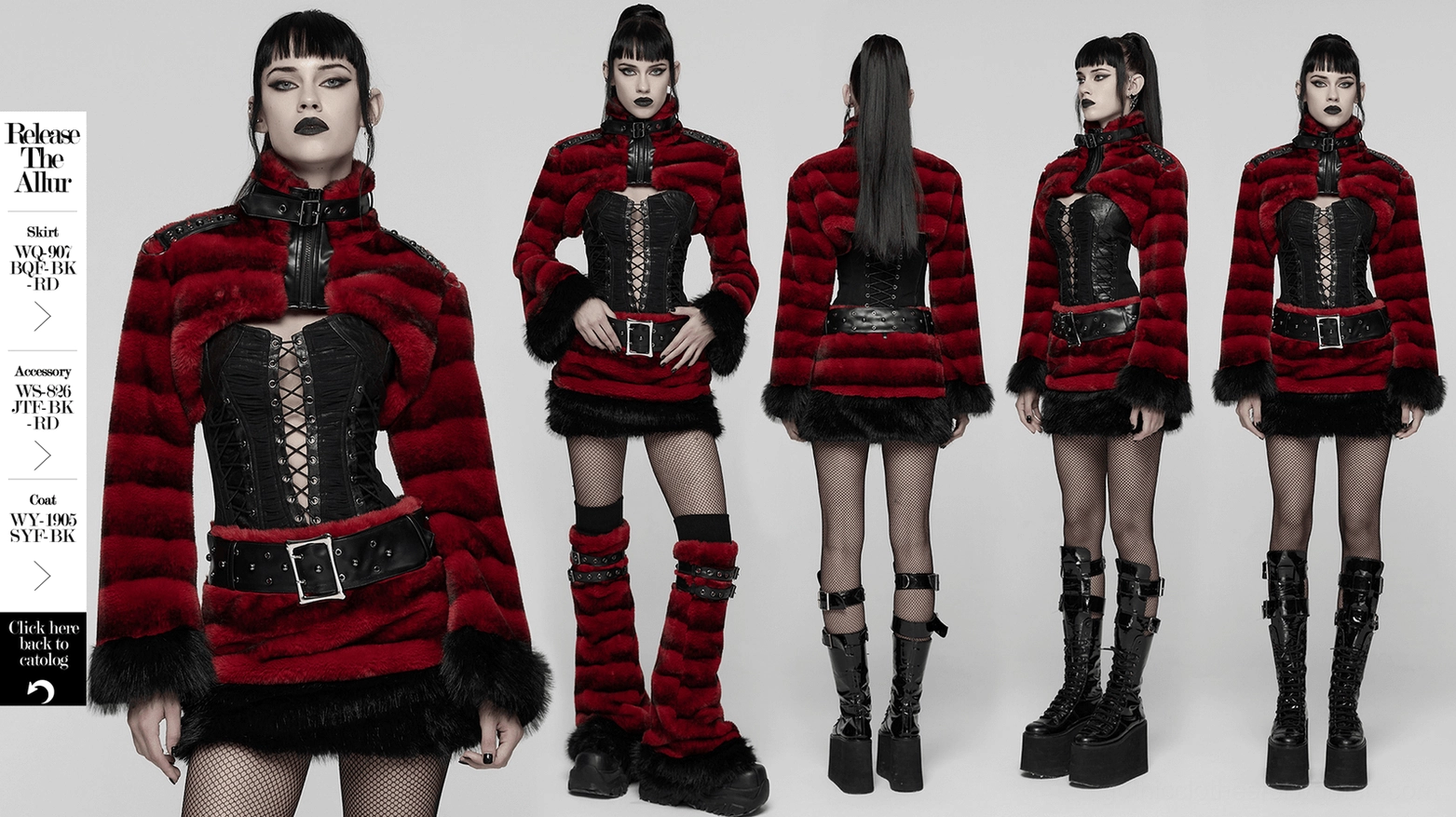 full-length view of women's burgundy striped faux fur gothic cropped jacket with black cuffs