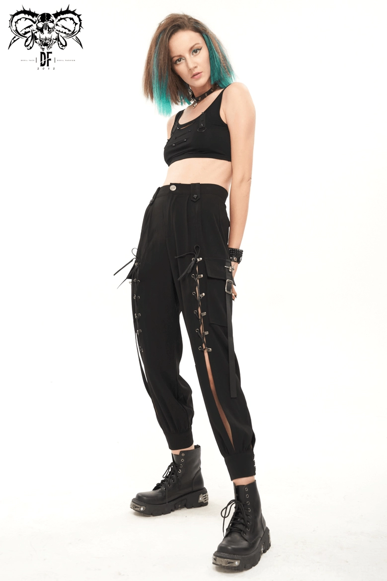 Women's gothic cargo jogger pants structured silhouette highlighting fitted design oversized pockets and architectural cargo details