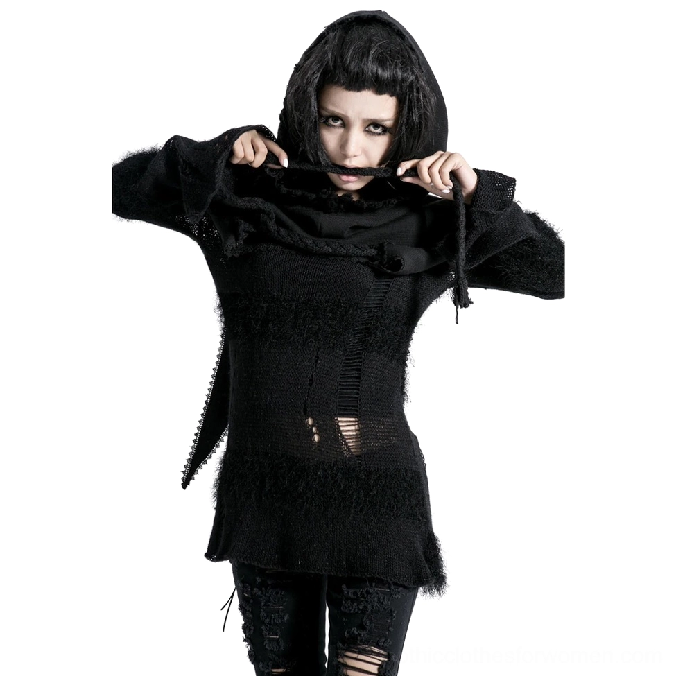 Distressed gothic knitted hooded cape worn by female model in front full-body view featuring ripped asymmetrical hem and exposed knit frays