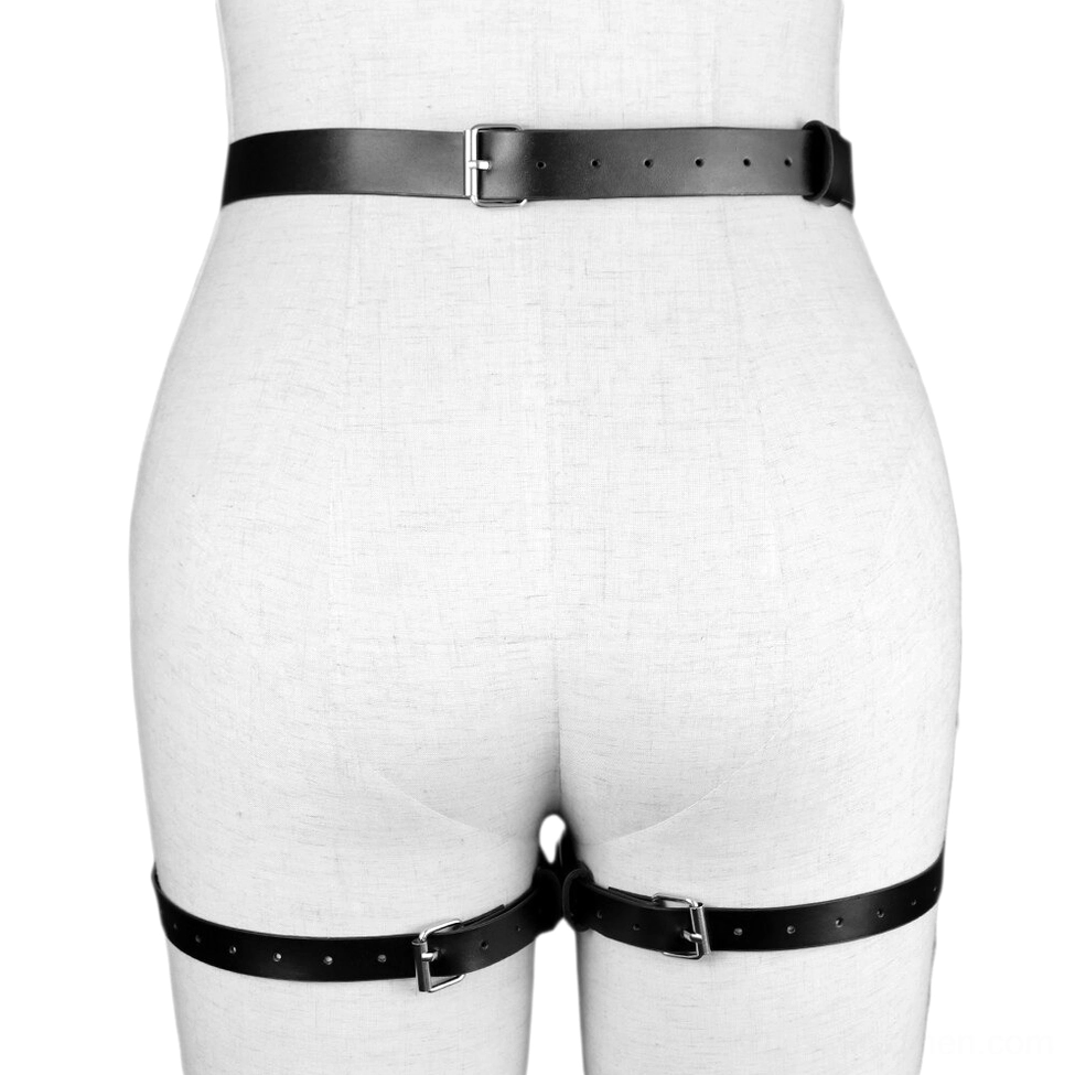 PU leather garter harness rear angle showing single buckle adjustment points on each thigh strap
