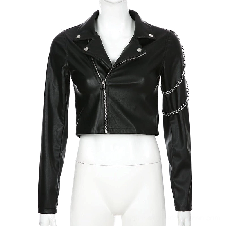 Women's black faux leather cropped moto jacket front display with silver chain details and turn-down collar