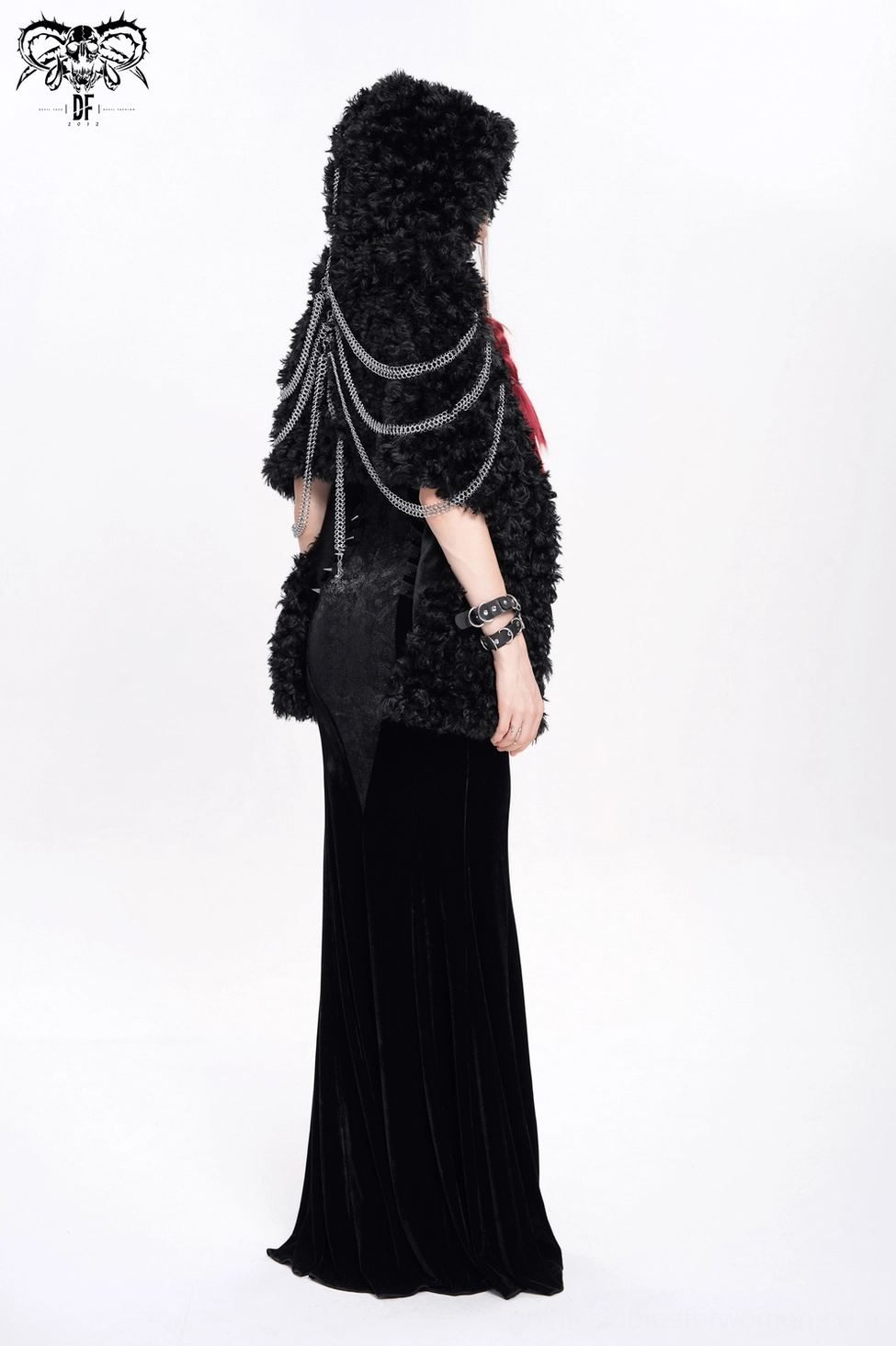 Women's black faux fur hooded cape with chains, gothic alternative garment