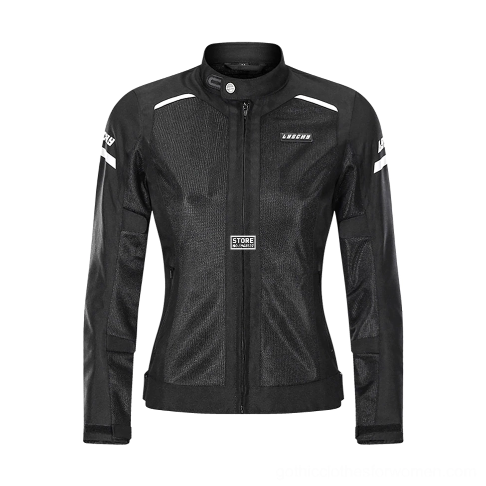 Women's black gothic motorcycle jacket with white reflective trims, front flat view, studio shot