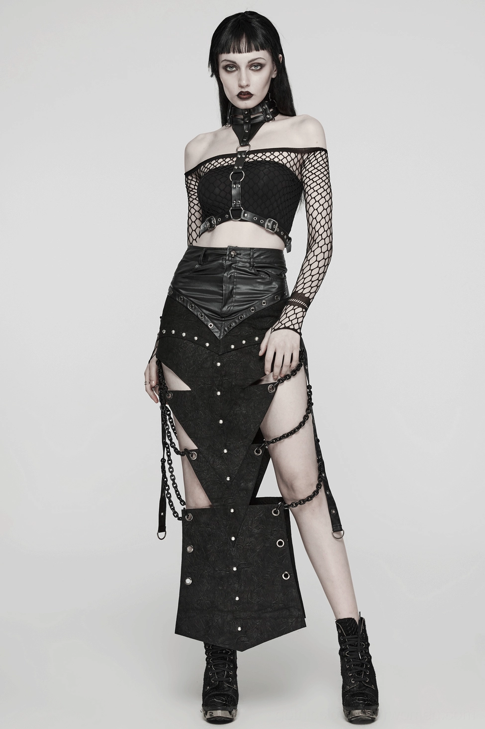 Women's black PU leather body harness with functional front vertical loop and architectural strap design