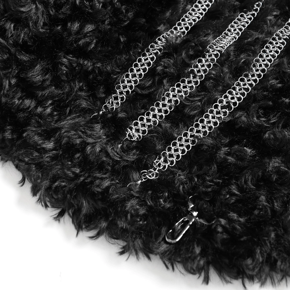 Women's black faux fur hooded cape with layered chains, gothic style garment