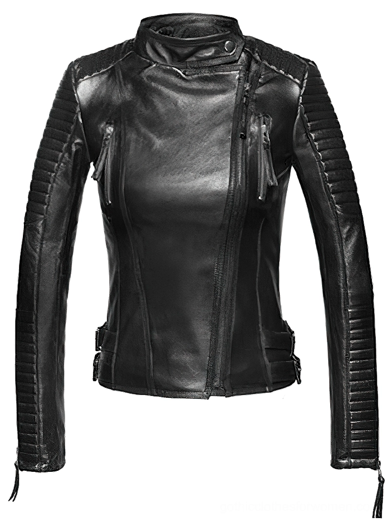 Black genuine leather gothic jacket flat lay front showing dual chest zippers and quilted details
