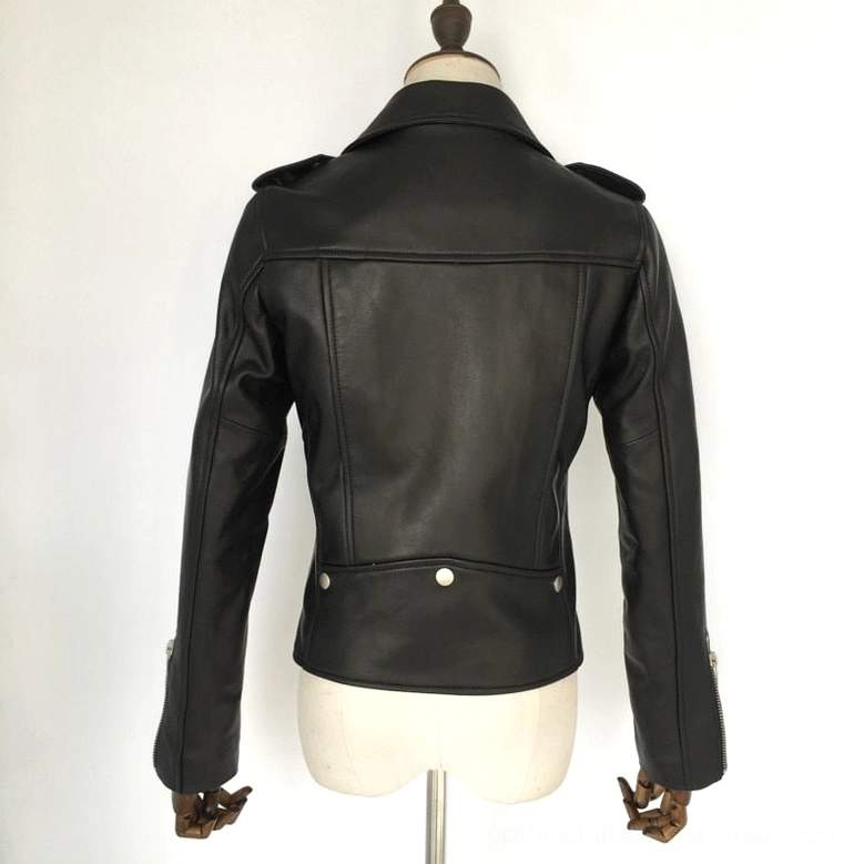 Full back view of women's black genuine leather gothic motorcycle jacket on dress form, showcasing back seam detailing and waist snap button hardware
