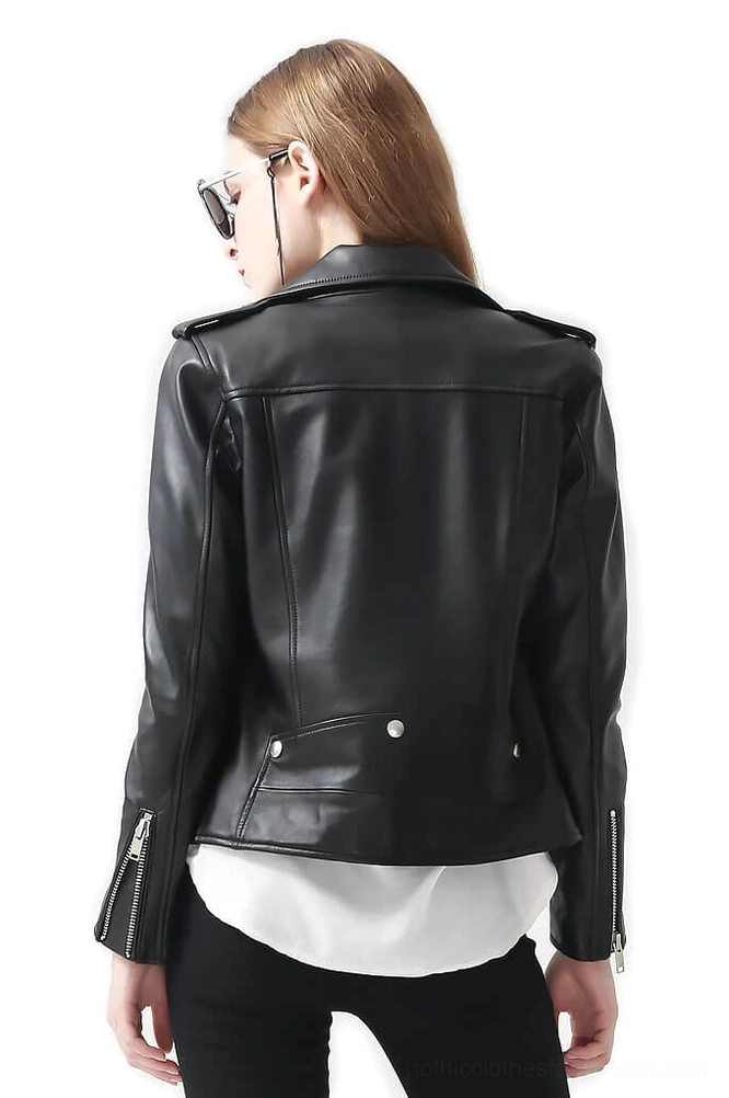 Black leather gothic motorcycle jacket back view showing tailored back panel, waist snap buttons, and smooth genuine sheepskin texture