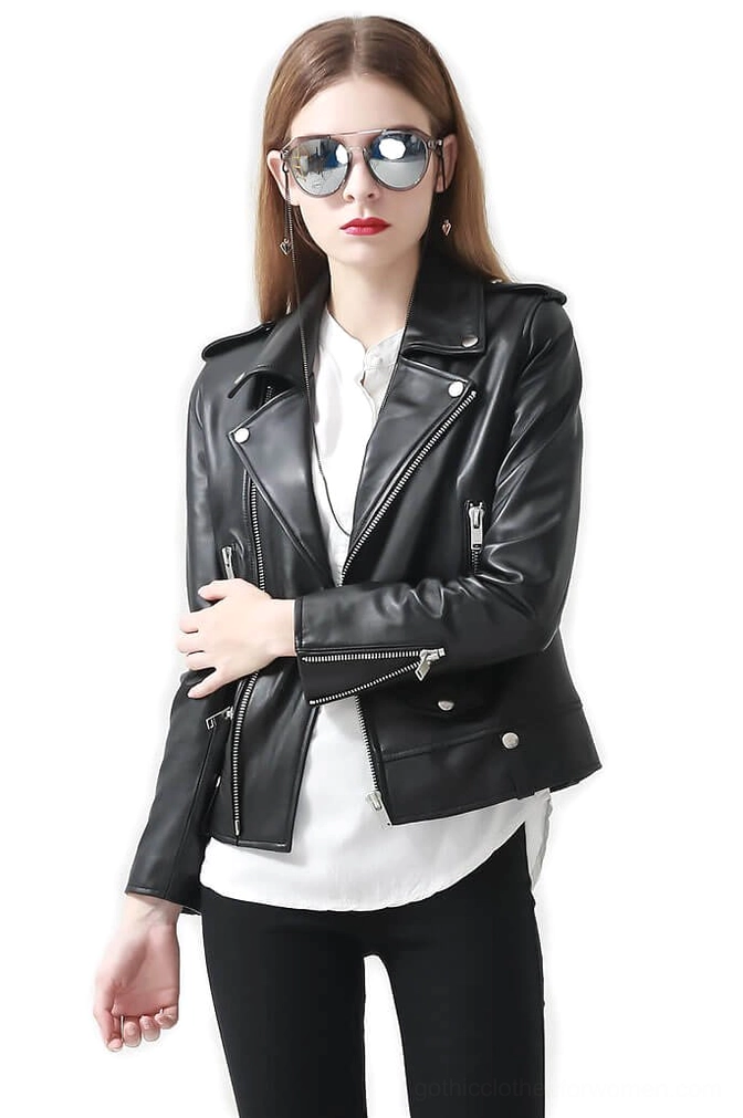 Women's black sheepskin leather motorcycle jacket with standing collar and asymmetrical zipper, worn by model with aviator sunglasses, front view