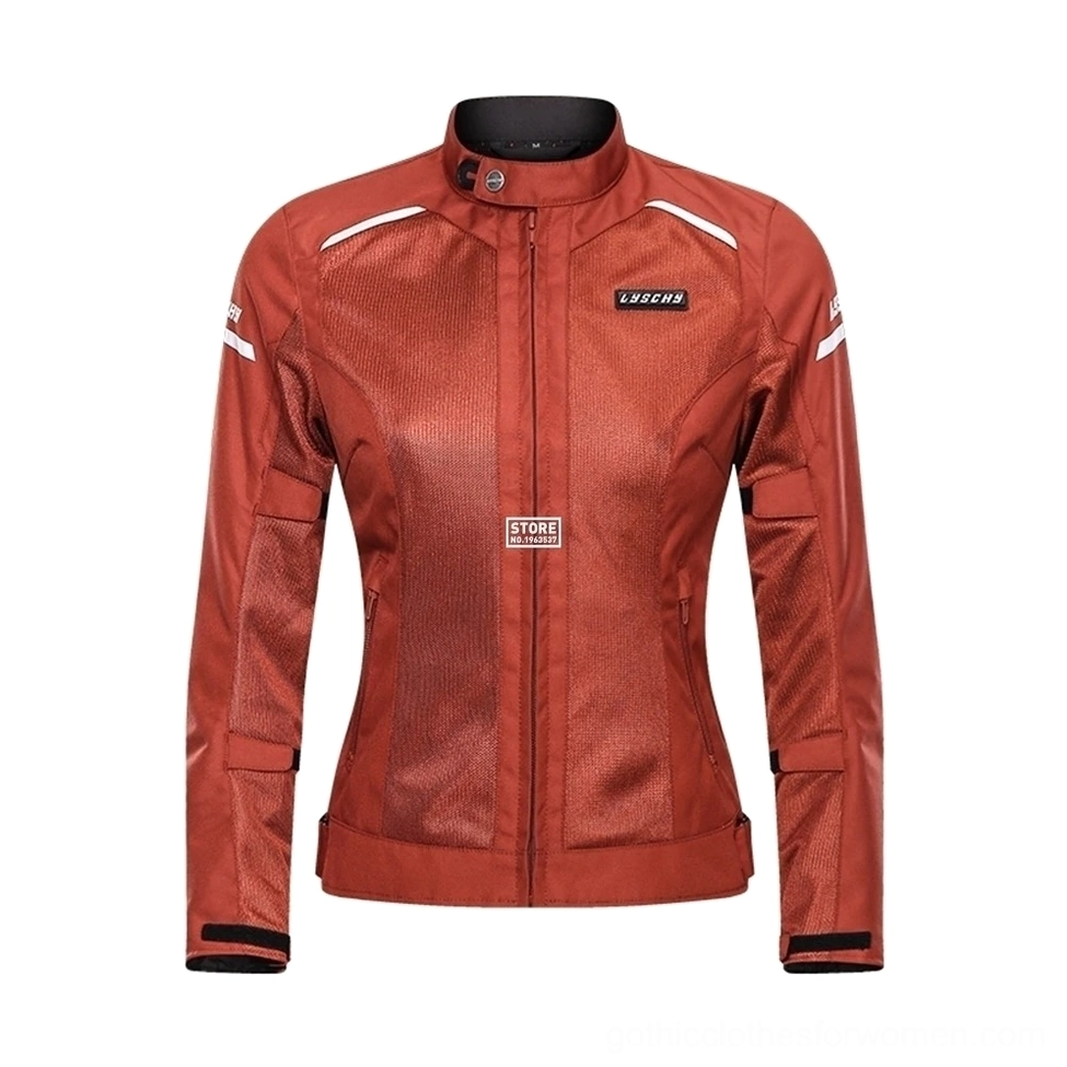Women's burgundy red gothic motorcycle jacket with white reflective trims, front flat studio shot