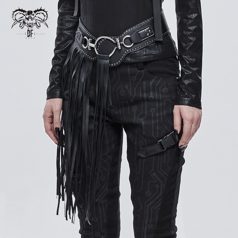 Women's gothic belt three-quarter view on mannequin highlighting tassel placement and leather construction quality