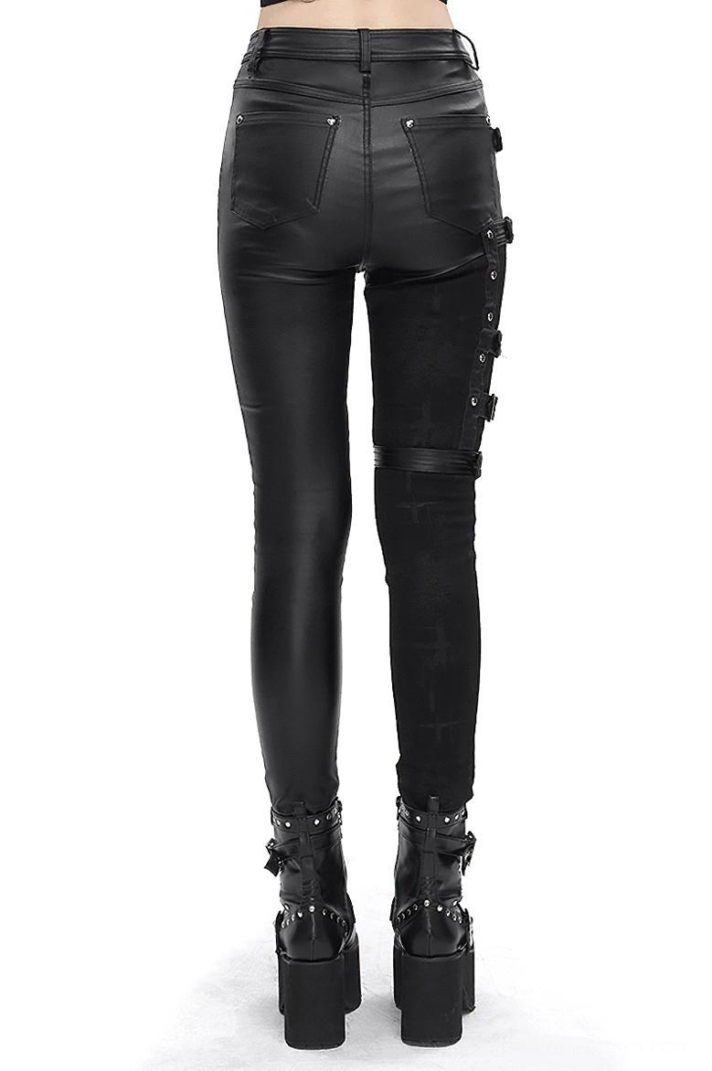 Black gothic splice pants back view on model, showing buckle detailing and slim silhouette from rear