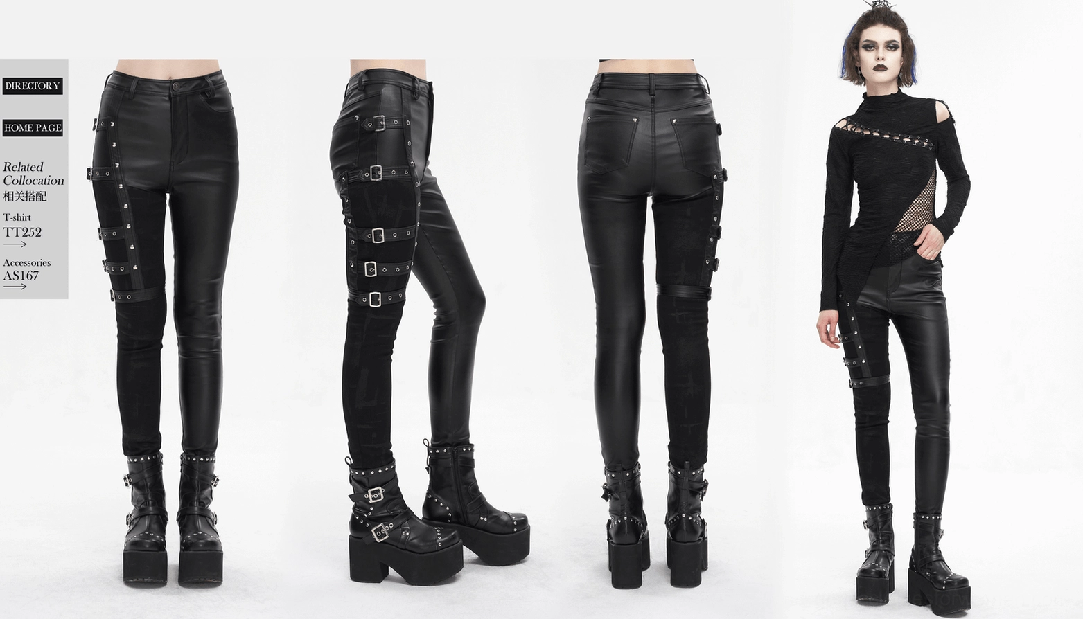 Women's black multi-buckle gothic pants complete look, embodying alternative subculture fashion philosophy