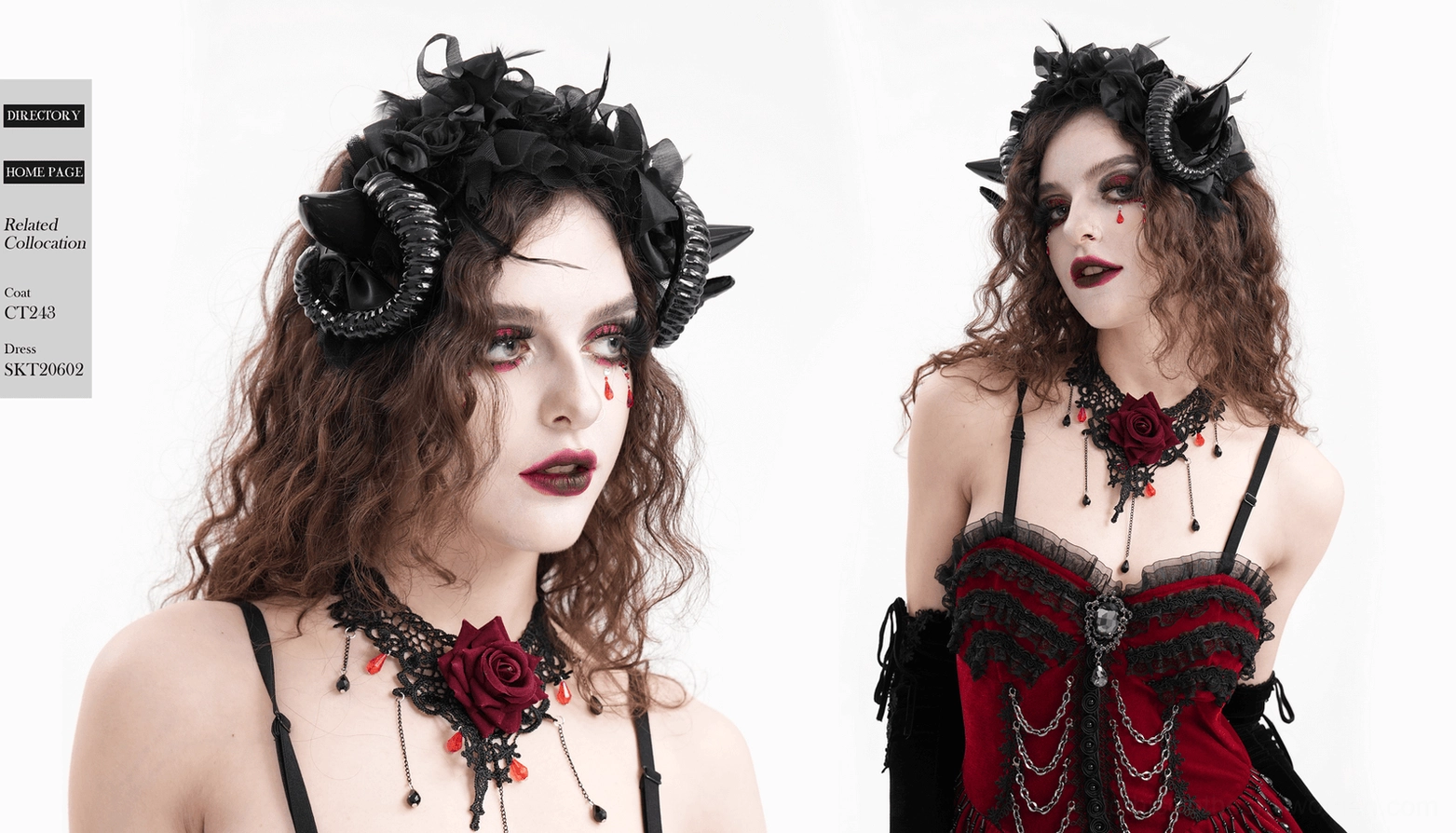 Women's gothic horn headband with theatrical black design, ribbon ties and floral gothic aesthetic details
