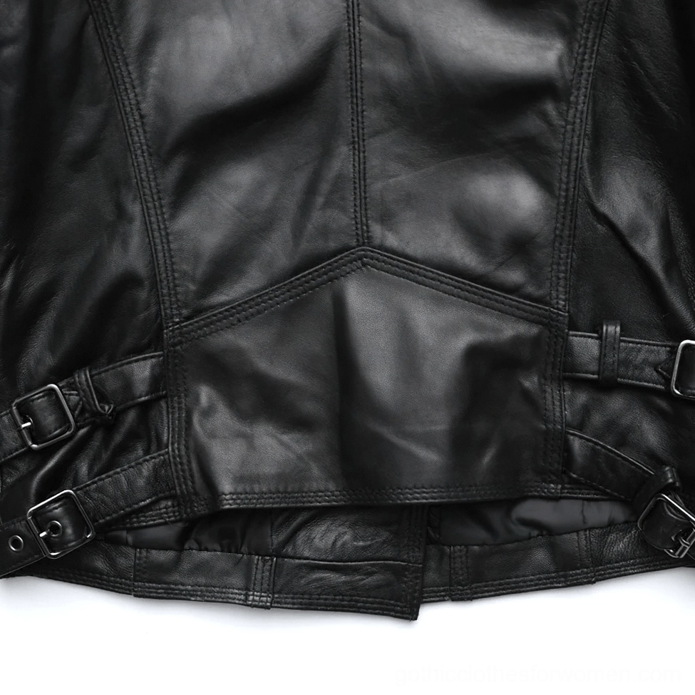 Women's genuine leather gothic jacket adjustable side buckles for customized fit demonstration