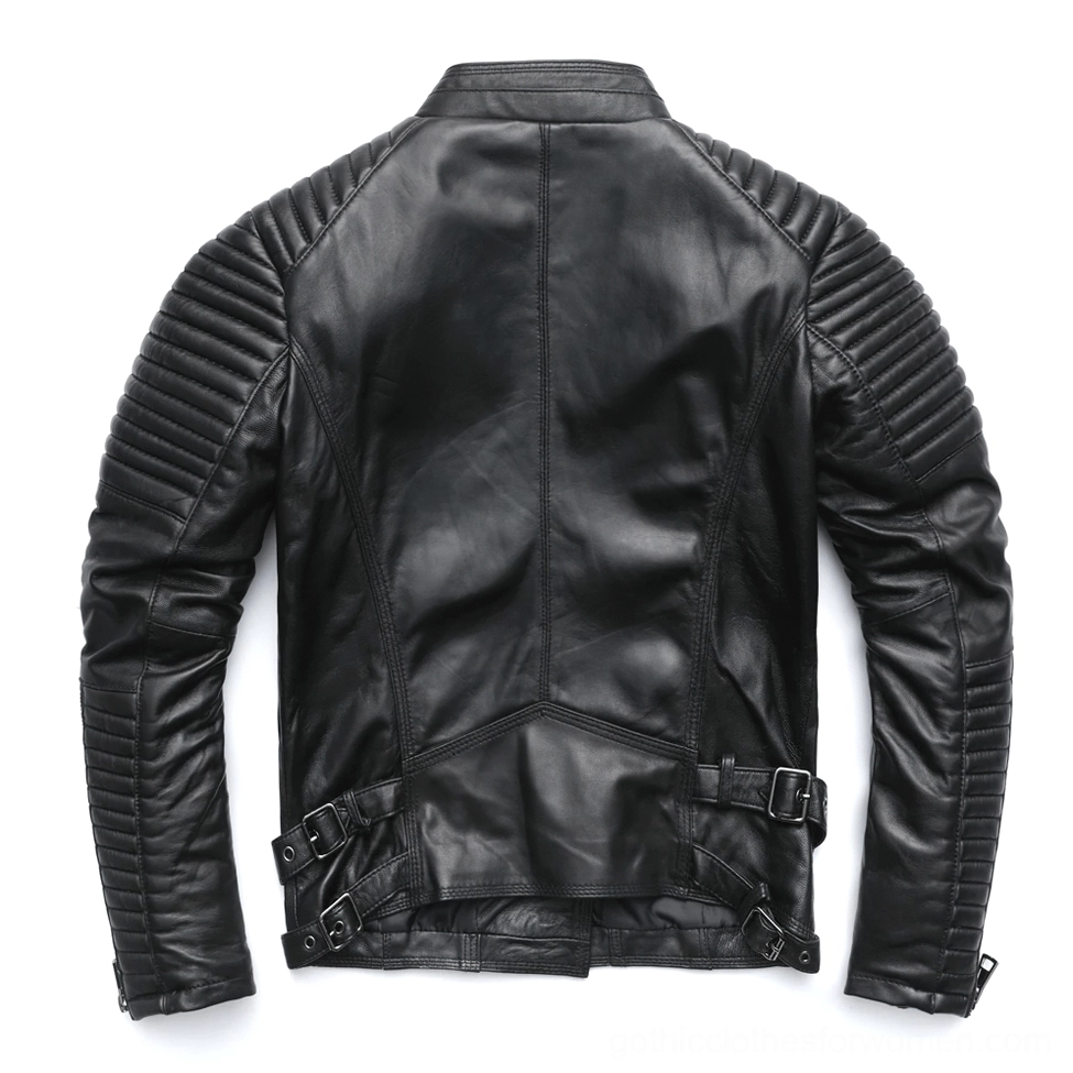 Back flat lay of women's genuine leather gothic jacket with side waist adjustment buckles