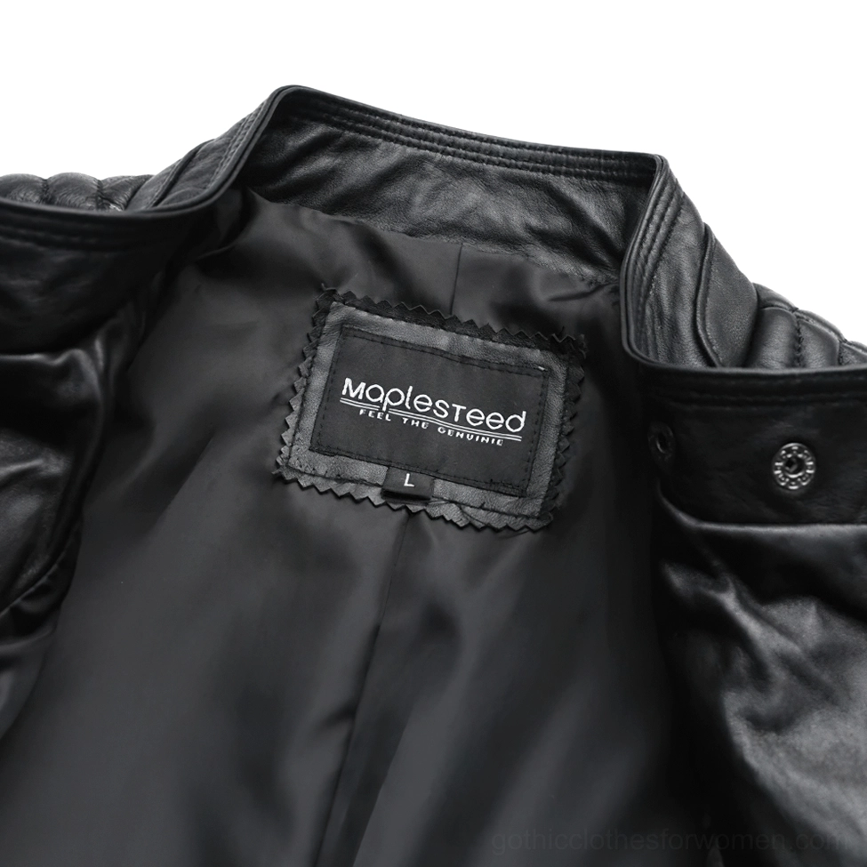 Detail shot of genuine leather gothic biker jacket collar and snap button closure mechanism