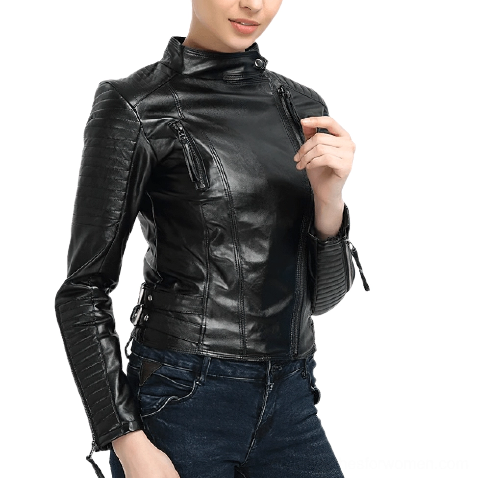 Women's black leather gothic jacket layered styling example with fitted silhouette details