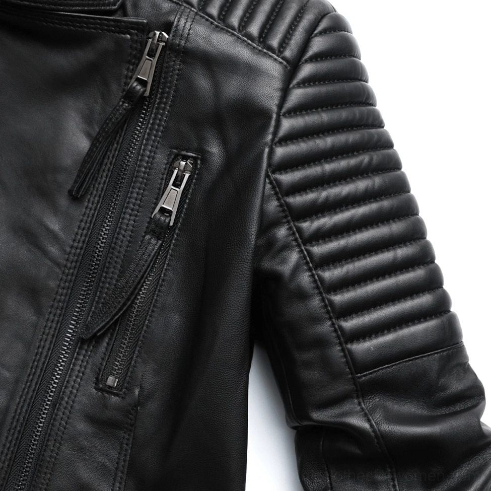 Black genuine leather women's gothic jacket sleeve detail showing quilted construction and movement
